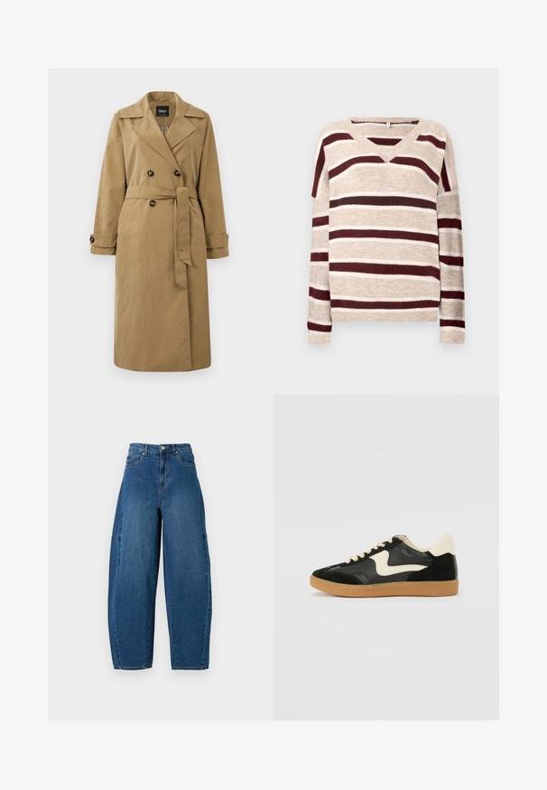 Khaki värvi trench coat, mis on valmistatud kangast, millel on kahekordne rinnakk, suured nööbid ja sidumisrihm koos üles pööratud varrukatega.; Beige V-kaelusega sveter, millel on tumepunased ja kreemjad triibud. Sellel on pikad varrukad ja soonikserv. Pehme tekstuur ja lõdva lõikega.; Keskmise sinise tooniga teksad, millel on kõrge talje, lai jalaliik ja standardne viie taskuga disain koos nähtavate õmbluste detailidega.; Must musta ja nahast sneakersid, millel on koorevärvi külgsuund ja hele koorik. Omab beeži paelu ja kummi kummist välistalla.