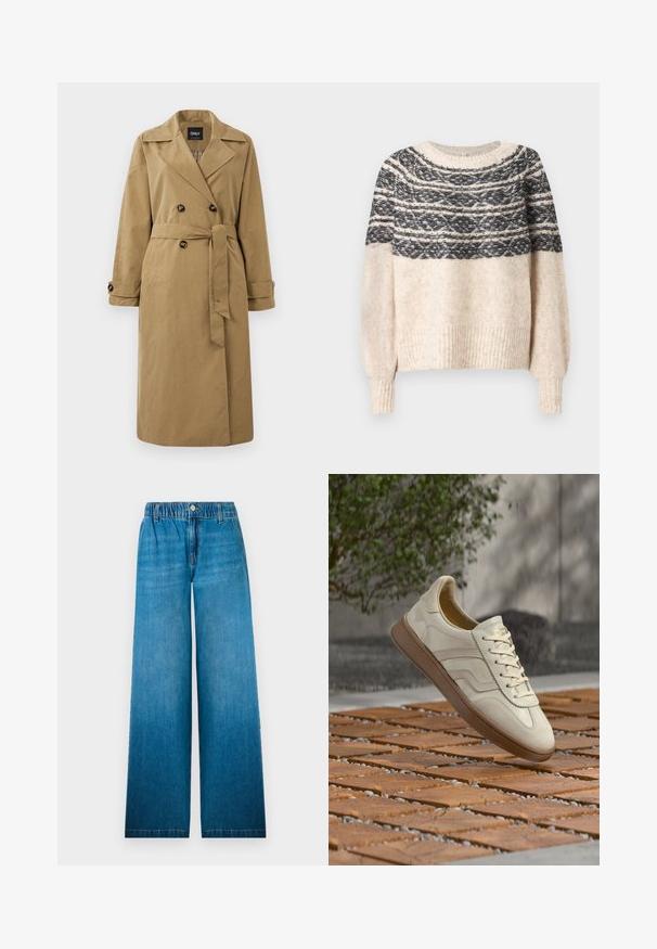 Khaki värvi trench coat, mis on valmistatud kangast, millel on kahekordne rinnakk, suured nööbid ja sidumisrihm koos üles pööratud varrukatega.; Kreemja ja musta lõngaga kootud särk, millel on mustriga yoke, soonikkoes varrukad ja alläär, esitlemisel ühevärvilise tausta taustal.; Heled kõrgusega teksad, mis on valmistatud helesinisest denimist, omavad elastset vöökohta, nööpide sulgemist ning sirget lõiget koos pleekinud efektiga.; Kreemikollane toss, millel on tekstureeritud beež kummipõhi, paeltega disain ja peen brändimine küljel. Sile nahast pealne.