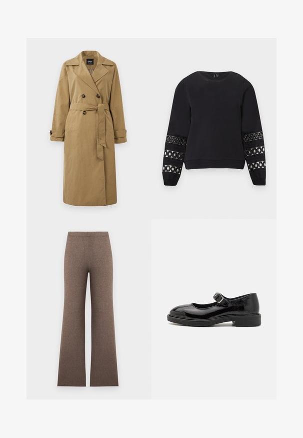 Khaki trench coat vyrobený z textílie, s dvojradovým zapínaním vpredu, veľkými gombíkmi a opaskom na zaväzovanie so zrolovanými rukávmi.; Čierna mikina s dlhým rukávom, okrúhlym výstrihom a dekoratívnymi čipkovými panelmi s kruhovými vzormi na dolných rukávoch.; Hnedé pletené nohavice s vysokým pásom, širokými nohavicami a rebrovaným elastickým pásom, zobrazené na svetlom pozadí.; Čierne lakované Mary Jane topánky s okrúhlou špičkou, nastaviteľným prackovým remienkom, nízkym blokovým opätkom a hladkým lesklým povrchom.