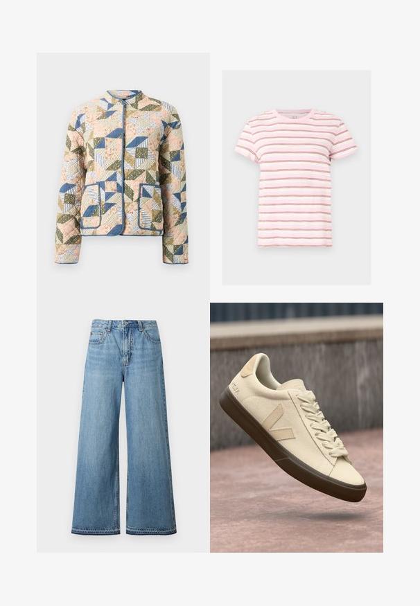 Gequilte jas met een patchworkontwerp in pastelkleuren, met bloemen- en gestreepte patronen, blauwe accenten en twee voorzakken.; Roze-witte T-shirt met korte mouwen, dunne horizontale bruine strepen, ronde hals en een casual pasvorm.; Lichtblauwe spijkerbroeken met hoge taille, brede pijpen, sluiting met knopen en ritssluiting aan de voorkant, en vijfzakkenontwerp.; Beige vegan leren sneakers met crèmekleurige veters, een bruine rubberen zool en een logo detail op de hiel. Schoon ontwerp met subtiele tonaal accenten.
