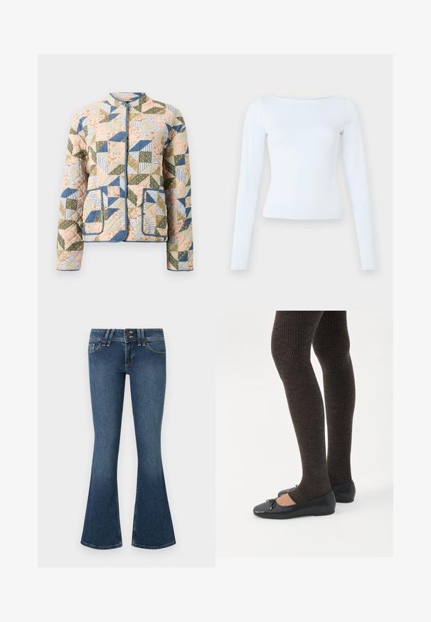 Veste matelassée avec un design patchwork dans des couleurs pastel, comprenant des motifs floraux et rayés, un contour bleu et deux poches avant.; Haut ajusté à manches longues, bleu clair, avec un décolleté bateau et un design simple et épuré sur un fond uni.; Jean évasé en denim bleu à taille haute, avec fermeture à deux boutons, cinq poches et surpiqûres contrastantes le long des coutures.; Jambes portant des leggings côtelés foncés associés à des ballerines noires avec de petits détails en nœud sur fond blanc.