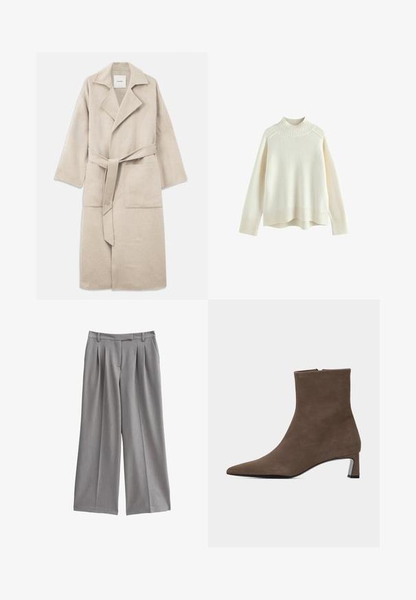 Beige uldblandingsfrakke med spidse krave, lange ærmer, bælte og to forlommer, med en blød tekstur og afslappet pasform.; Cremefarvet sweater med ribbet høj hals, lange ærmer og en afslappet pasform. Struktureret strikstof og ribbestykke detalje i bunden.; Grå vidde bukser med plisseret front, lavet af et glat stof. Har en flad talje med bæltestropper og sidelommer.; Brun ruskindsankelstøvle med spids tå, sidelukning med lynlås og lav blokhæl på ensartet lys baggrund.