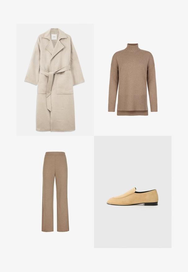 Beige uldblandingsfrakke med spidse krave, lange ærmer, bælte og to forlommer, med en blød tekstur og afslappet pasform.; Brun rullekravesweater lavet af blødt strikmateriale, med ribbet detaljer ved kraven og kanten, en afslappet pasform og lagdelt design.; Beige strikkede bukser med brede ben og elastisk talje, med en glat tekstur uden synlige lommer eller pynt.; NEOUS POLARIS - Loafers - sand