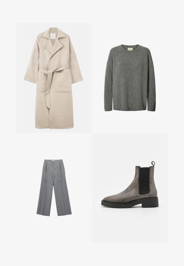 Beige uldblandingsfrakke med spidse krave, lange ærmer, bælte og to forlommer, med en blød tekstur og afslappet pasform.; Grå strikket langærmet crewneck sweater med ribbede manchetter og kant, lavet af blødt tekstureret stof.; Grå, højtaljede bukser med vide ben lavet af struktureret stof med folder foran, der har sidelommer og et skræddersyet design.; Grå læder chelsea støvle med tekstureret finish, elastiske sidedele, hængestrop og sort gummisål. Slank, taperet design med minimale accenter.