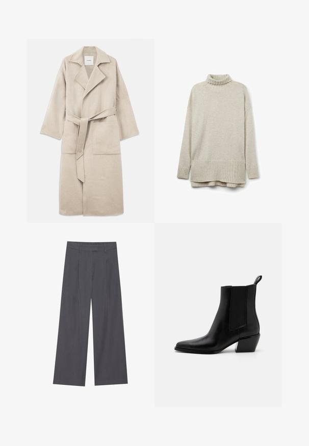 Beige uldblandingsfrakke med spidse krave, lange ærmer, bælte og to forlommer, med en blød tekstur og afslappet pasform.; Beige striktrøje med ribbet turtleneck, lange ærmer og en nederkant med diagonal ribning. Blød tekstur og afslappet pasform.; Grå vidde benbukser med en glat tekstur, der har et plisset design foran og en standard talje for en komfortabel pasform.; Sorte læder ankelstøvler med spidse tæer, elastiske sidepaneler og en lav blokhæl. Har en pull-tab ved hælen for nem påtagning.