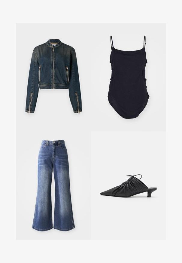 Donkerdenim cropped jack met hoge kraag, ritssluiting aan de voorkant en twee zijzakken met rits. Heeft slanke zilverkleurige hardware en een licht vervaagde textuur.; Zwarte mouwloze top met dunne bandjes, gemaakt van zachte stof. Heeft gedrapeerde zijkanten en een ronde zoom voor een ontspannen pasvorm.; Wijduitlopende denim jeans in medium blauw, met een hoge taille, vijf zakken en contrasterende stiksels langs de hemden en zijkanten.; Zwarte leren instappers met een spitse neus, gegatherde textuur en een kleine kittenhiel. Heeft een trekkoorddetail aan de opening.