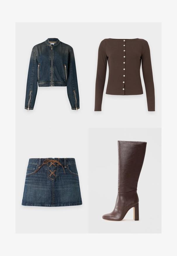 Dunkelblaue, verkürzte Jeansjacke mit hohem Kragen, Frontreißverschluss und zwei seitlichen Reißverschlusstaschen. Mit eleganten silbernen Beschlägen und einer leicht verwaschenen Textur.; Braunes langärmliges Oberteil mit Rundhalsausschnitt, gerippter Textur und weißen Knopfverschlüssen auf der Vorderseite. Figurnaher Schnitt mit geradem Saum.; Dunkelblaue Jeans-Minirock mit Fronttaschen und braunen Schnürdetail am Bund.; Braune Lederstiefel bis zum Knie mit spitzer Zehe und dicker Blockabsatz. Glatte Textur mit nahtlosem Design, keine sichtbaren Beschläge oder Akzente.
