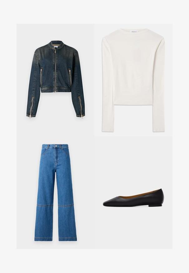 Dunkelblaue, verkürzte Jeansjacke mit hohem Kragen, Frontreißverschluss und zwei seitlichen Reißverschlusstaschen. Mit eleganten silbernen Beschlägen und einer leicht verwaschenen Textur.; Weißes Langarmshirt aus Baumwolle mit Rundhalsausschnitt und schmaler Passform. Der Stoff ist glatt und hat einen leichten Stretch.; Weite blaue Jeans mit hohem Bund, ausgestattet mit Doppelnaht auf Kniehöhe und einer strukturierten Stoffoberfläche.; Schwarzer flacher Schuh aus Leder mit spitz zulaufender Vorderkappe, niedrigem Absatz und glatter Oberfläche, von der Seite vor einem hellgrauen Hintergrund dargestellt.
