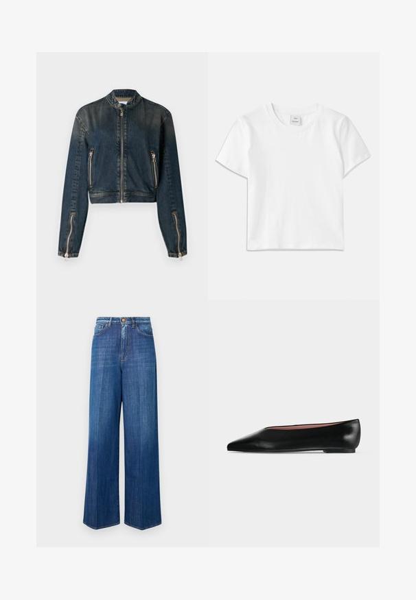 Donkerdenim cropped jack met hoge kraag, ritssluiting aan de voorkant en twee zijzakken met rits. Heeft slanke zilverkleurige hardware en een licht vervaagde textuur.; Witte katoenen t-shirt met een ronde hals, korte mouwen en een rechte zoom. Label met "Won Hundred" aan de voorkant van de halslijn.; Brede denim jeans in donkerblauw, met een hoge taille, knoopsluiting en klassieke stiksels. Glad textuur met een lichte vervaging.; Zwarte leren damesschoen met platte zool, puntige neus en lage hak, zijwaarts afgebeeld tegen een effen lichtgrijze achtergrond.