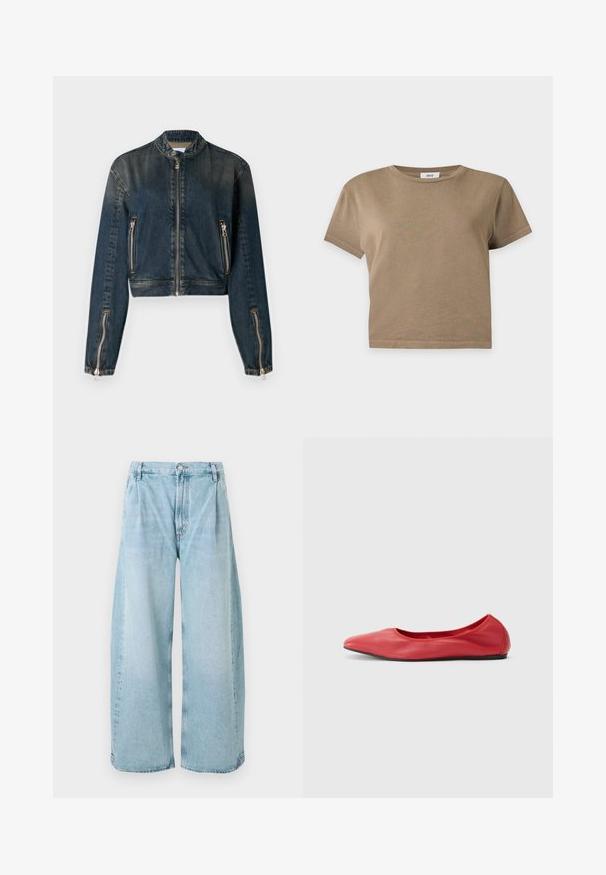 Veste en denim foncé, cropped, avec un col haut, fermeture éclair frontale et deux poches latérales zippées. Équipée de matériaux en métal argenté élégants et d'une texture légèrement délavée.; T-shirt court marron uni à manches courtes avec col rond sur fond gris clair.; Pantalons en denim bleu clair à larges jambes avec des plis à l'avant, une fermeture à bouton et des ourlets droits, présentant une texture décolorée sur l'ensemble.; Filippa K REY FLATS - Ballerines - bright red