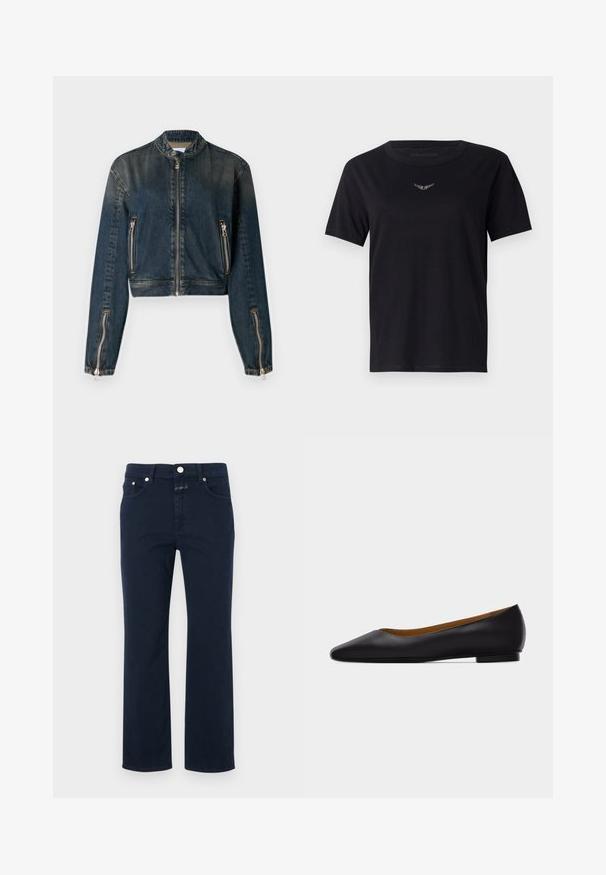 Donkerdenim cropped jack met hoge kraag, ritssluiting aan de voorkant en twee zijzakken met rits. Heeft slanke zilverkleurige hardware en een licht vervaagde textuur.; Zwarte katoenen t-shirt met een ronde hals, korte mouwen en een subtiele, gestructureerde zilveren logo op de borst. Gladde stofafwerking.; Marinblauwe katoenen jeans met een rechte pasvorm, voorzien van vijf zakken, een ritssluiting en een metalen knoopsluiting. Gladde textuur met stikseldetails.; Zwarte leren puntschoen met lage hak en gladde afwerking, zijaanzicht op een lichtgrijze achtergrond.