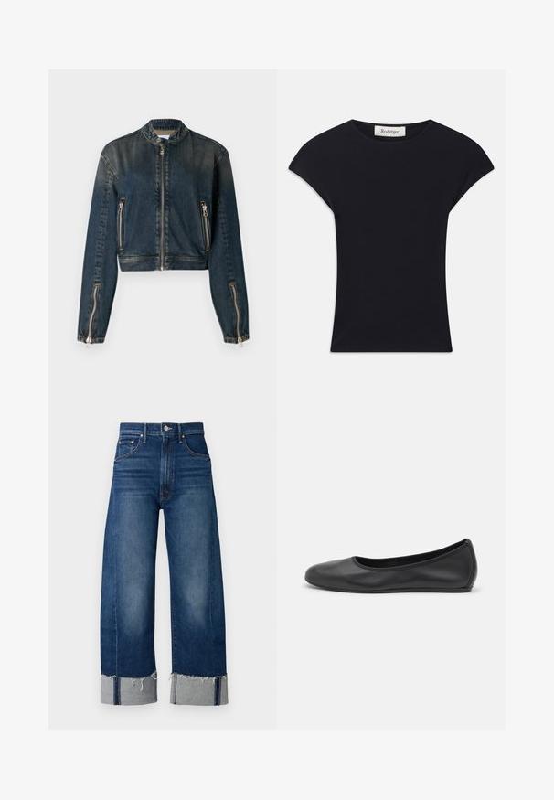 Veste en denim foncé, cropped, avec un col haut, fermeture éclair frontale et deux poches latérales zippées. Équipée de matériaux en métal argenté élégants et d'une texture légèrement délavée.; Haut noir à manches courtes en tissu doux, avec un col rond et une coupe ajustée, ornée de légers accents d'épaule. Étiquette visible.; Jeans en denim bleu foncé à jambes larges avec un ourlet effiloché et des poignets gris clair. Présente un design traditionnel à cinq poches.; Ballerines en cuir noir avec un bout rond, texture lisse, détails de couture minimalistes et design de semelle flexible.