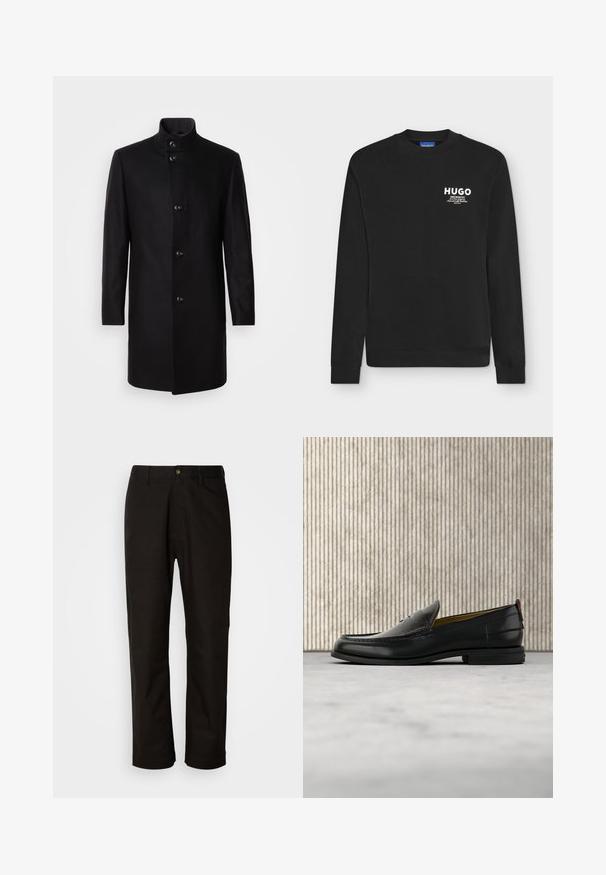 Sort uldblandingsfrakke med høj krave, frontknaplukning, lange ærmer og en strømlinet silhuet. Ingen mønstre eller udsmykninger.; Sort langærmet sweatshirt med rund hals med hvidt "HUGO" logo og lille tekst på øverste venstre brystområde.; Sorte bomuldsbukser med lige pasform, bæltestropper, lynlås foran og en enkelt knappelukning. Glat tekstur uden synlige mønstre.; Sort læder herreloafer med krokodillepræget forstykke og lav hæl, vist i profil på en neutral baggrund.