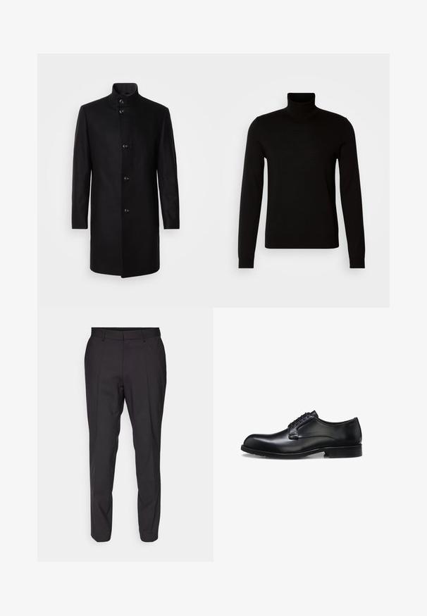 Sort uldblandingsfrakke med høj krave, frontknaplukning, lange ærmer og en strømlinet silhuet. Ingen mønstre eller udsmykninger.; Sort turtleneck sweater lavet af et fint strikket stof, der har lange ærmer og en tætsiddende silhuet. Glat tekstur med ribbede manchetter.; Sorte skræddersyede bukser med lige snit, der har flad forside, bæltestropper og en glat overflade. Ingen synlige mønstre eller detaljer.; Sort poleret læder herresko med lukket snøresystem, lav hæl og diskret mærkedetalje nær hælen på hvid baggrund.