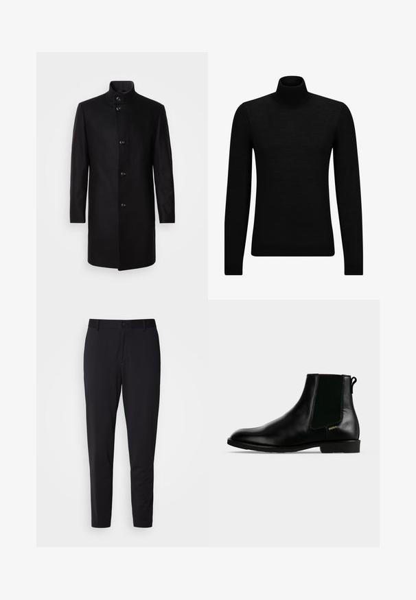 Sort uldblandingsfrakke med høj krave, frontknaplukning, lange ærmer og en strømlinet silhuet. Ingen mønstre eller udsmykninger.; Sort turtleneck sweater lavet af blødt materiale, med lange ærmer og en tætsiddende pasform. Ribbet trim ved kanten og manchetter. Simpelt design.; Sorte bukser med struktureret stof, der har en lige pasform, standard talje med en knap og sidelommer.; Sort læder ankelstøvle med elastisk sidelæpanel, lav hæl, trækflig bagpå og lille gyldent "HUGO" logo på ydersiden.