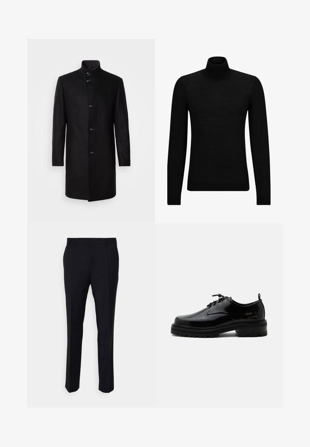 Sort uldblandingsfrakke med høj krave, frontknaplukning, lange ærmer og en strømlinet silhuet. Ingen mønstre eller udsmykninger.; Sort turtleneck sweater lavet af blødt materiale, med lange ærmer og en tætsiddende pasform. Ribbet trim ved kanten og manchetter. Simpelt design.; Sorte bukser lavet af vævet stof, med en skræddersyet pasform, flad front, sidelommer og lige ben-design.; Sort poleret læder snørestøvle med tyk gummisål og lav hæl, sideskilt med mærketekst "SAMSOE" og bageste træksnor.
