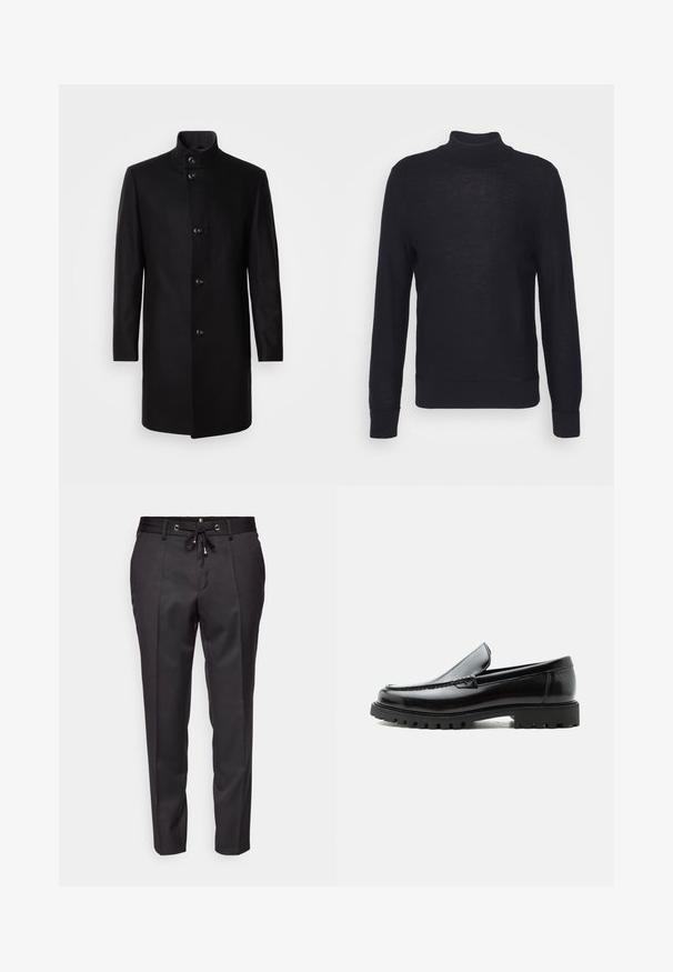 Sort uldblandingsfrakke med høj krave, frontknaplukning, lange ærmer og en strømlinet silhuet. Ingen mønstre eller udsmykninger.; Sort turtleneck sweater lavet af letvævet materiale, med lange ærmer og ribbede manchetter og bund. Subtil tonal branding på brystet.; Sorte skræddersyede bukser med snor i taljen, plisseret front og opsmøgede afslutninger. Lavet af glat stof med en struktureret pasform.; Sort læderloafer med chunky gummisål, syet overdel og præget mærkenavn på hælen, vist i sideprofil på hvid baggrund.