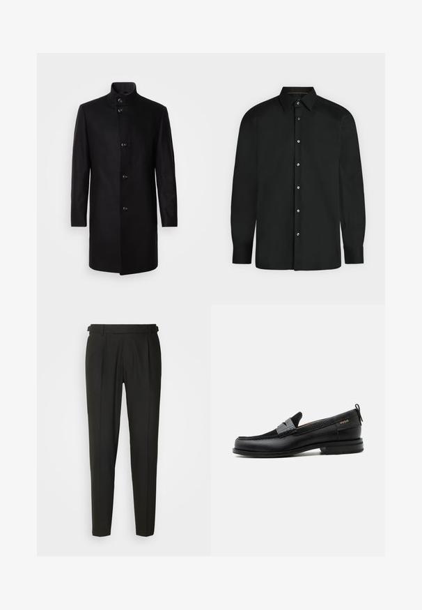 Manteau en mélange de laine noir avec un col haut, fermeture à boutons à l'avant, manches longues et silhouette épurée. Aucun motif ni ornement.; Chemise noire à manches longues avec boutons, col pointu et poignets boutonnés, présentée sur un fond clair uni.; Pantalons noirs sur mesure avec un devant plat, deux plis, passants de ceinture et une coupe droite. Fabriqués en tissu lisse et léger.; Mocassin en cuir noir avec détail de bride grise, talon bas et semelle texturée, marqué "HUGO" en or sur le côté.