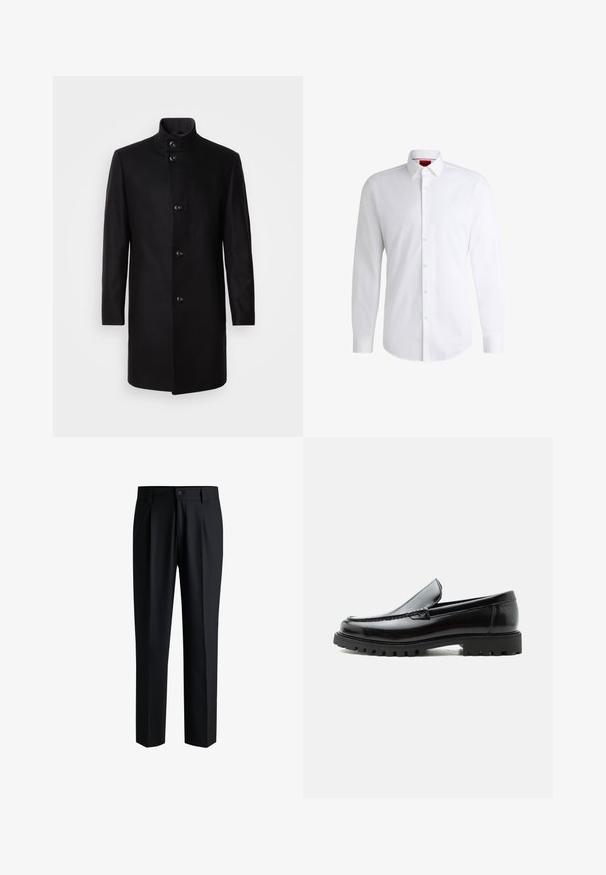 Manteau en mélange de laine noir avec un col haut, fermeture à boutons à l'avant, manches longues et silhouette épurée. Aucun motif ni ornement.; Chemise blanche à manches longues en tissu lisse avec un col classique et un ourlet arrondi. Présente des boutons beiges à l'avant.; Pantalons noirs en tissu lisse, avec une coupe droite, des plis à l'avant et une fermeture à bouton avec passants de ceinture.; Mocassin en cuir noir avec semelle en caoutchouc épaisse, dessus cousu et nom de marque embossé sur le talon, présenté de profil sur fond blanc.