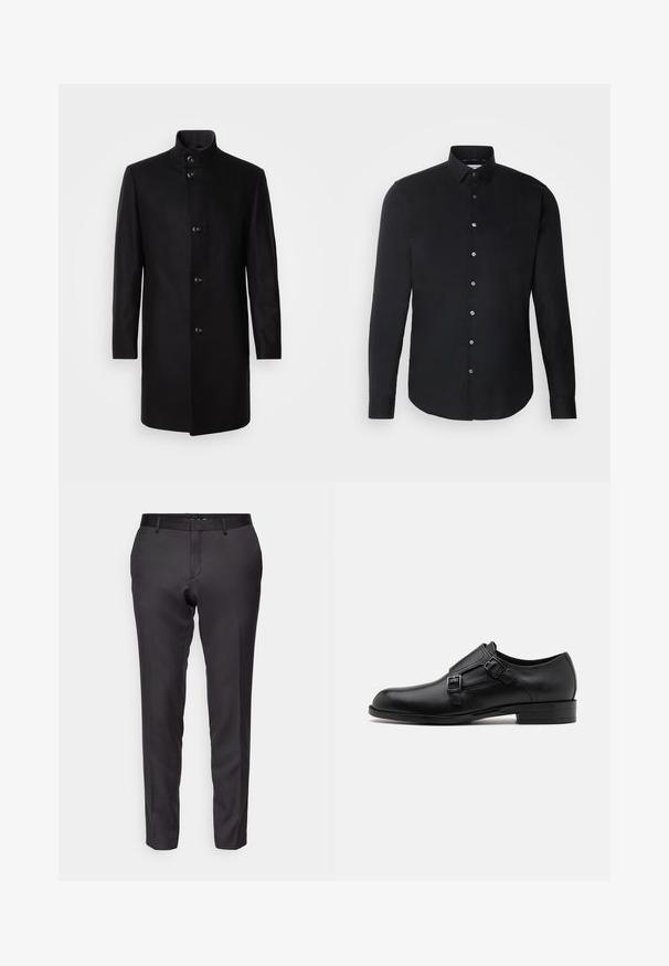Manteau en mélange de laine noir avec un col haut, fermeture à boutons à l'avant, manches longues et silhouette épurée. Aucun motif ni ornement.; Chemise noire à manches longues avec un col boutonné, boutons sur le devant, ourlet droit et texture lisse ; marquage subtil sur la poitrine.; Pantalons noirs sur mesure en tissu lisse, avec une coupe ajustée, une jambe droite et un devant plat avec passants de ceinture.; Chaussure habillée en cuir noir avec double boucle, silhouette élégante et bout rond. Dispose d'un petit talon et d'une texture lisse.