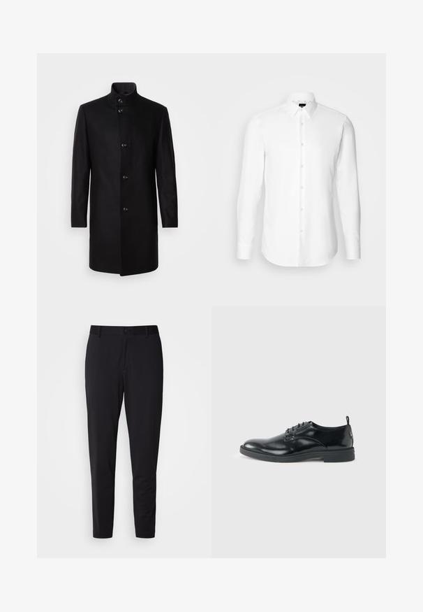 Manteau en mélange de laine noir avec un col haut, fermeture à boutons à l'avant, manches longues et silhouette épurée. Aucun motif ni ornement.; Chemise blanche à manches longues, boutonnée sur le devant, col classique, fabriquée en tissu lisse avec une texture subtile, conçue pour une coupe ajustée.; Pantalon noir en tissu texturé, avec une coupe droite, une taille standard avec un bouton et des poches latérales.; Chaussure habillée en cuir noir brillant avec un petit talon, fermeture à lacets et bout rond, vue de côté sur un fond uni et clair.