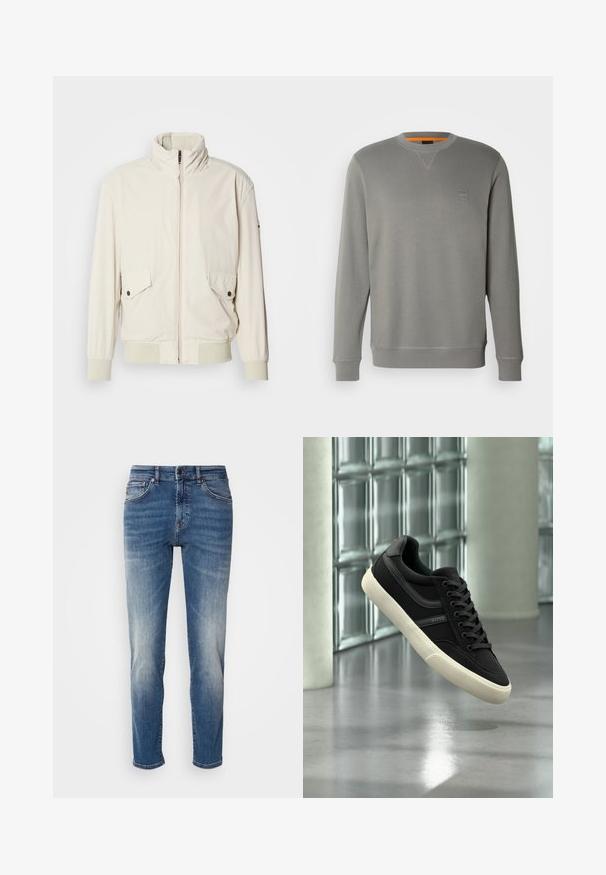 Lys beige jakke med høj krave, lynlås, to klaplommer og ribbede manchetter. Fremstillet af et blødt, glat materiale.; BOSS WESTART - Sweatshirt - open grey sixteen; Blå denimjeans med lige ben, let falmet finish, klassisk fem-lomme-design og lynlås med knaplukning.; Sort lavt sneakersko med hvid sål og snørebånd, mærket "BOSS", svævende indendørs nær glasblokvinduer og betonpiller.