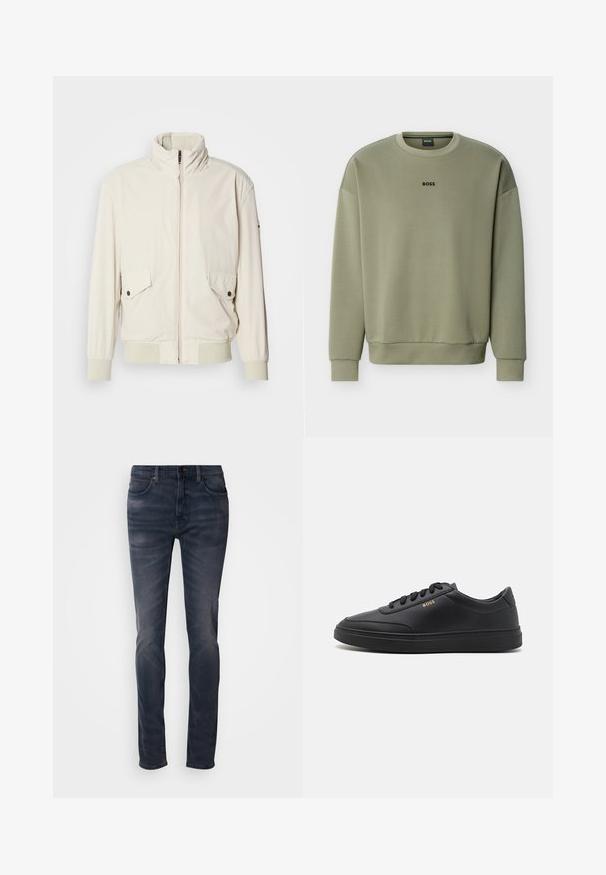 Lys beige jakke med høj krave, lynlås, to klaplommer og ribbede manchetter. Fremstillet af et blødt, glat materiale.; Olivengrøn crewneck-sweatshirt med lange ærmer og "BOSS"-logo centreret på brystet.; Mørkevaske denimjeans med en slank pasform, med knaplukning, fem lommer og diskret falming. Straight-leg design med glat tekstur.; Sorte lædersneakers med en glat overflade, rund tå, flad gummisål og tonede snørebånd. Udstyret med guld "BOSS" branding på siden.