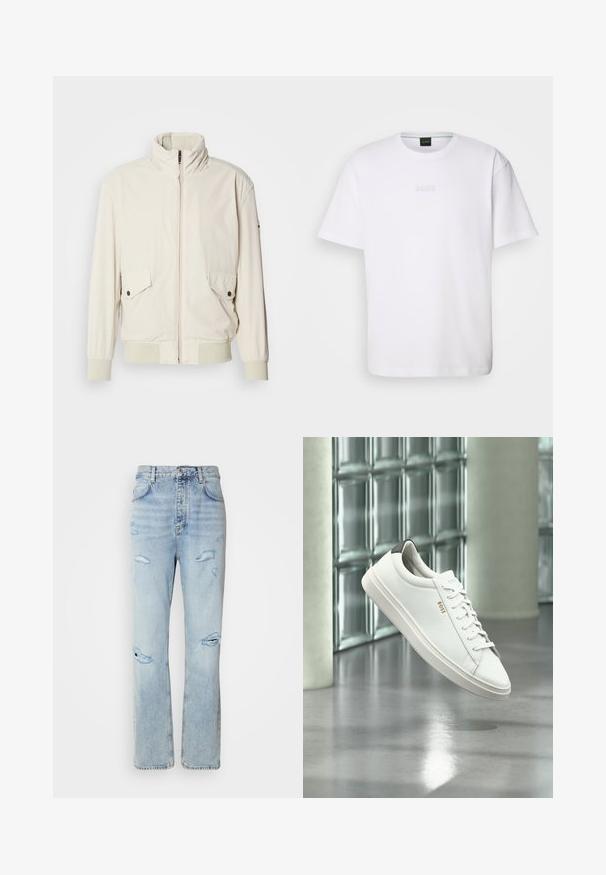 Lys beige jakke med høj krave, lynlås, to klaplommer og ribbede manchetter. Fremstillet af et blødt, glat materiale.; Hvid bomulds T-shirt med korte ærmer, rund halsudskæring og præget "BOSS" logo på brystet. Glat tekstur, standard pasform.; Lysvaskede denimjeans med en afslappet pasform, der har slidte områder og frynsede kanter. Stoffet har en blød, glat tekstur.; Hvid læder lav-top sneaker med snørebånd, sort hælflig og "BOSS"-logo, svævende indendørs nær glasblok væg og poleret gulv.