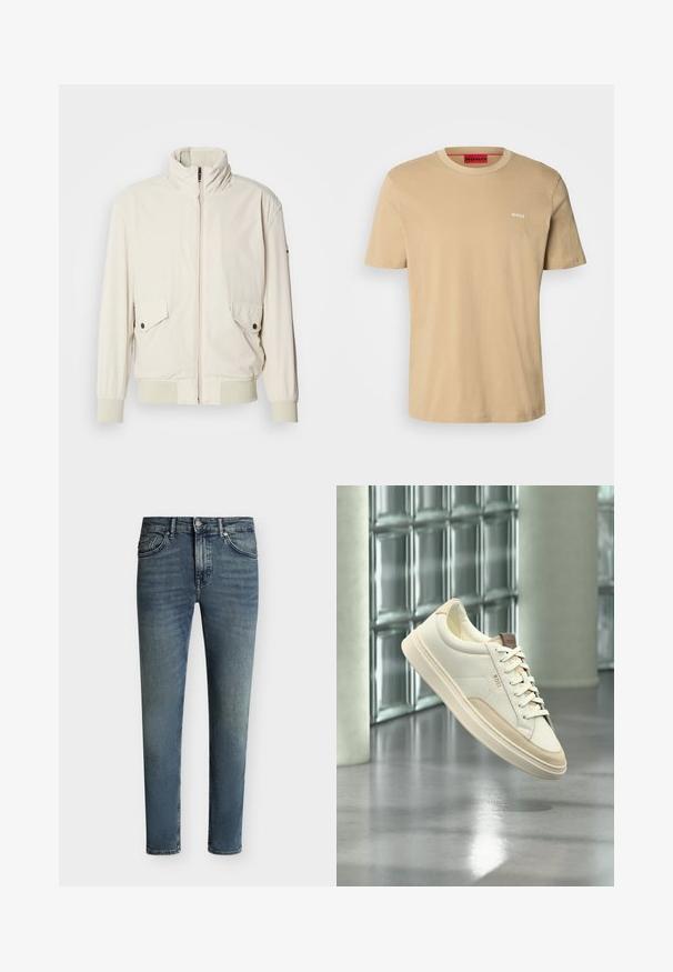 Chaqueta de color beige claro con un cuello alto, cierre de cremallera, dos bolsillos con solapa y puños acanalados. Confeccionada en un material suave y liso.; Camiseta de algodón beige con cuello redondo, mangas cortas y un pequeño logo blanco "HUGO" en el pecho. Textura suave sin patrones.; Vaqueros ajustados de color azul descolorido con cinco bolsillos y cierre de botón y cremallera sobre un fondo liso.; Zapatilla blanca de perfil bajo con detalles y cordones beige, con la marca "BOSS", flotando sobre un suelo pulido con una pared de bloques de vidrio al fondo.