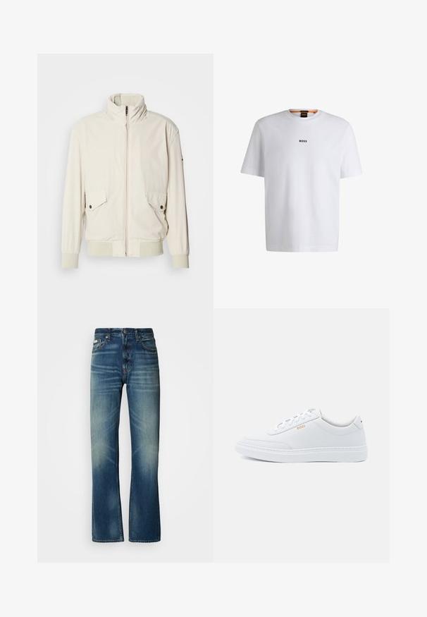 Helle beigefarbene Jacke mit hohem Kragen, Reißverschluss, zwei aufgesetzten Taschen und gerippten Bündchen. Aus einem weichen, glatten Material gefertigt.; Weißes Baumwoll-T-Shirt mit kurzen Ärmeln, ausgestattet mit einem schwarzen "BOSS"-Logo, das mittig auf der Brust platziert ist, und einem runden Halsausschnitt.; Blaue Jeans aus Denim mit geradem Schnitt, mittlerer Waschung, ausgewaschenen Details, fünf Taschen und einem Knopfverschluss. Auffällige Nähte entlang der Nähte.; Weiße Leder-Sneaker mit glatter Textur, runder Zehenpartie und tonal abgestepptem Design. Mit blauen Schnürsenkeln und einem goldenen Logo an der Seite.