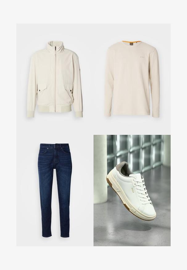Licht beige jasje met een hoge kraag, ritssluiting, twee klepzakken en ribgebreide manchetten. Gemaakt van een zachte, gladde stof.; Lichtbeige langemouwen t-shirt gemaakt van gestructureerde stof. Heeft een ronde hals en een klein logo op de borst met een oranje accent binnen de kraag.; Donkerblauwe denim jeans met een rechte pijpdesign, voorzien van zakken en een knoopsluiting bij de taille. Zachte textuur, minimale vervagingdetails.; Witte sneaker met beige accenten, rubberen zool en veters, gebrandmerkt met "HUGO", geplaatst boven een gepolijste betonvloer nabij glazen blokken.