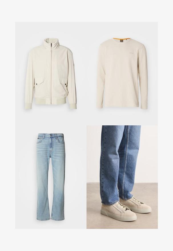 Licht beige jasje met een hoge kraag, ritssluiting, twee klepzakken en ribgebreide manchetten. Gemaakt van een zachte, gladde stof.; Lichtbeige langemouwen t-shirt gemaakt van gestructureerde stof. Heeft een ronde hals en een klein logo op de borst met een oranje accent binnen de kraag.; Lichtblauwe denim jeans met een rechte pijp, voorzien van vijf zakken, een knoopsluiting en subtiele vervaging op de stof.; BOSS GARYTENN_SDHDEL - Sneakers laag - natural ten