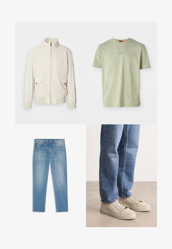 Helle beigefarbene Jacke mit hohem Kragen, Reißverschluss, zwei aufgesetzten Taschen und gerippten Bündchen. Aus einem weichen, glatten Material gefertigt.; Olivgrünes T-Shirt mit kurzen Ärmeln aus weichem Stoff, mit rundem Ausschnitt und einem kleinen "BOSS"-Logo auf der Vorderseite.; Hellblaue Jeans aus Denim mit klassischem Fünf-Taschen-Design, Knopf- und Reißverschluss sowie dezenten Ausbleichungen an Oberschenkeln und Knien.; BOSS GARYTENN_SDHDEL - Sneaker low - natural ten