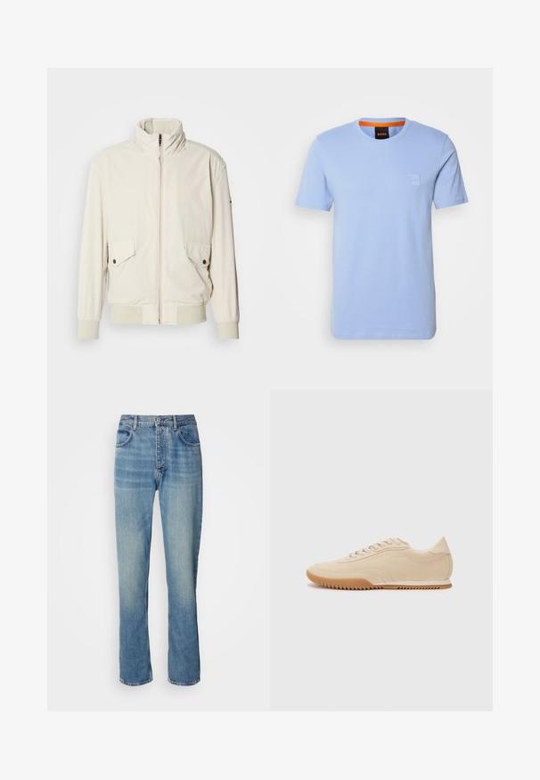 Licht beige jasje met een hoge kraag, ritssluiting, twee klepzakken en ribgebreide manchetten. Gemaakt van een zachte, gladde stof.; Lichtblauw katoenen T-shirt met korte mouwen, ronde halslijn en een klein reliëflogo op de borst. Contrasterende oranje binnenkraag.; Lichtblauwe rechte spijkerbroek met een hoge taille, een frontknop, ritssluiting en een vijf-pocket ontwerp.; Beige suede sneakers met een gestroomlijnd ontwerp, voorzien van een textuur bovenwerk, ronde neus en een rubberen zool met een zigzagpatroon.