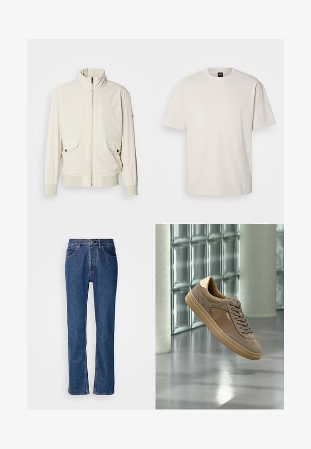 Lys beige jakke med høj krave, lynlås, to klaplommer og ribbede manchetter. Fremstillet af et blødt, glat materiale.; Kortærmet, crew-neck t-shirt i off-white bomuld med lige snit og minimal branding på kraven. Blød tekstur, uden mønstre.; Blå denimjeans med lige snit, fem-lomme-design og lys syning. Har lynlås og knaplukning foran.; Beige casual sneaker med snørebånd og "BOSS"-logo, som svæver over en poleret betongulv med glasblokvæg i baggrunden.