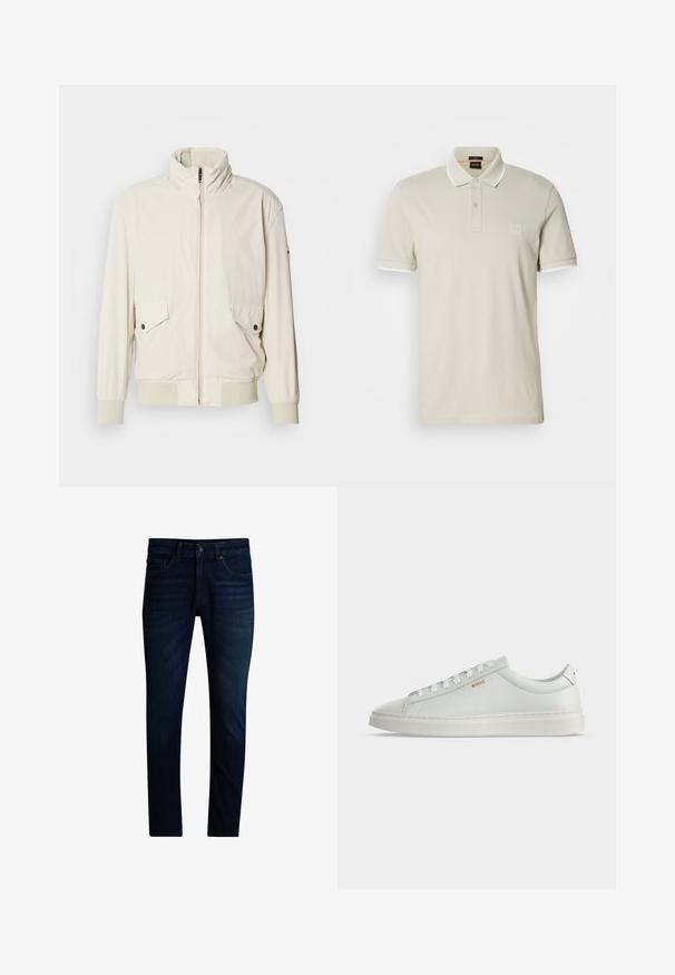 Lys beige jakke med høj krave, lynlås, to klaplommer og ribbede manchetter. Fremstillet af et blødt, glat materiale.; Lysebeige poloshirt lavet af bomuld. Har en klassisk krave, to-knaps lukning og kontrasterende hvide manchetter. Indeholder et logoemblem.; Mørkeblå jeans med slim fit, foran lukning med knapper og lynlås, fem lommer og let falmning på lårene.; Hvid lavtop lædersneakers med snørebånd, flad sål og lille gyldent "BOSS" logo på siden, set fra ydersiden.