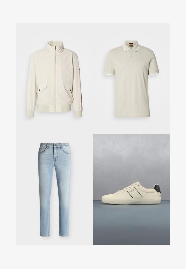 Licht beige jasje met een hoge kraag, ritssluiting, twee klepzakken en ribgebreide manchetten. Gemaakt van een zachte, gladde stof.; Lichtbeige polo van katoen. Voorzien van een klassieke kraag, een twee-knopen sluiting en contrasterende witte manchetten. Inclusief een logopatch.; Lichtblauwe slim-fit spijkerbroek met knoop en rits aan de voorkant, vijf zakken ontwerp en subtiele vervaging van dij tot knie.; Crème-kleurige sneakers met een gladde textuur, voorzien van zwarte accenten en branding. Tijdloos vetersysteem met een ronde neus en rubberen zool.