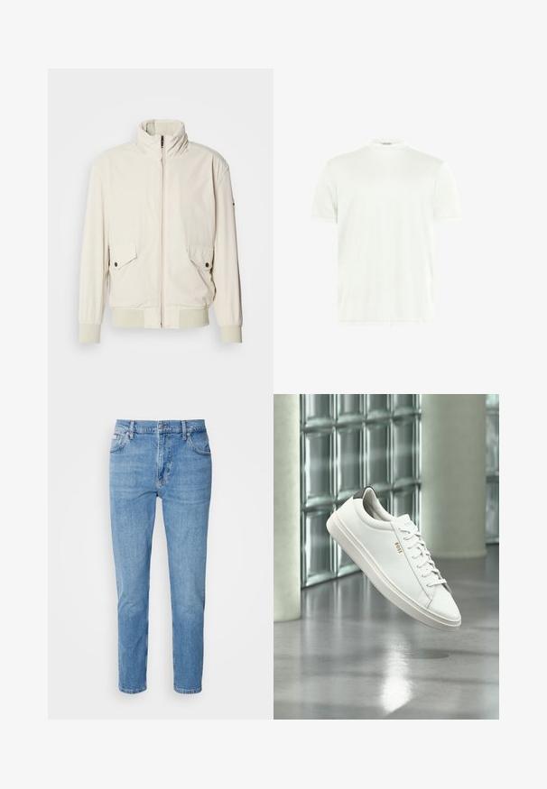 Chaqueta de color beige claro con un cuello alto, cierre de cremallera, dos bolsillos con solapa y puños acanalados. Confeccionada en un material suave y liso.; Camiseta blanca de cuello redondo hecha de tela suave. Mangas cortas, sin estampados. Diseño simple con dobladillo recto y detalles mínimos.; Vaqueros de mezclilla azul claro con corte recto, diseño de cinco bolsillos y un sutil desgastado. Presentan un cierre de botón y pasadores para cinturón.; Zapatilla deportiva de piel blanca de corte bajo con cordones, lengüeta negra en el talón y logo "BOSS", flotando en interiores cerca de una pared de bloques de vidrio y suelo pulido.