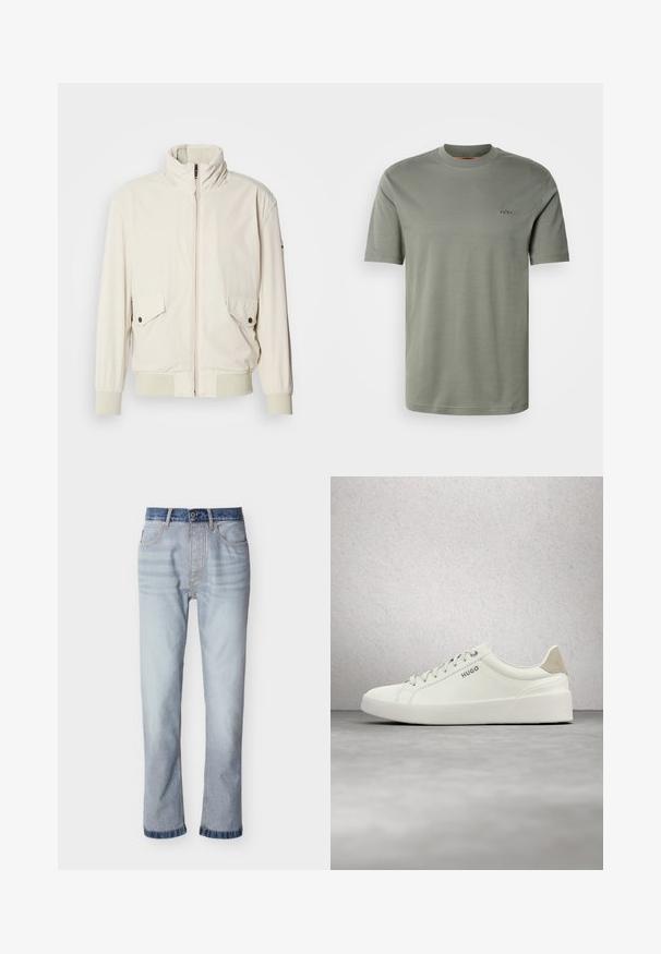 Licht beige jasje met een hoge kraag, ritssluiting, twee klepzakken en ribgebreide manchetten. Gemaakt van een zachte, gladde stof.; Effen olijfgroene T-shirt met korte mouwen en ronde hals, met een klein "BOSS"-logo geborduurd op de linkerborst.; Lichtblauwe spijkerbroek met een donkerblauwe tailleband, rechte pijp, vijf zakken en zichtbare stiksel details.; Witte lage sneaker met veters en beige hielstuk, met het merk "HUGO", zwevend boven een gepolijste betonnen vloer in de buurt van een wand van glasblokken.