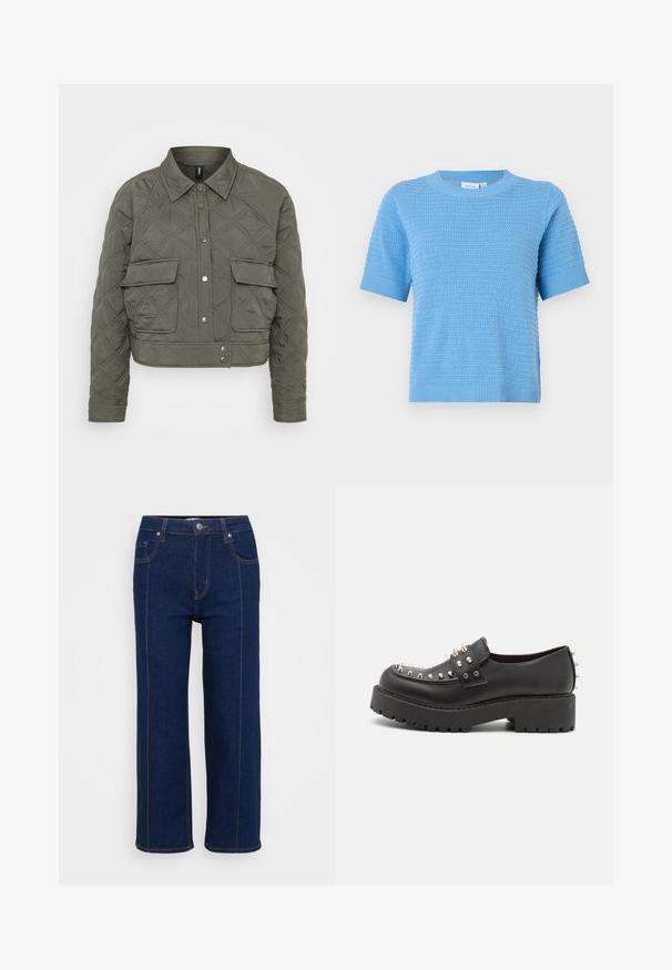 Quiltet cropped jakke i olivengrønt stof, udstyret med knaplukning foran, to brystlommer og diamantmønstre på overfladen.; Lyseblå kortærmet strikket top med tekstureret mønster, rund halsudskæring og ribstrikkede detaljer ved ærmer og kant.; Mørkeblå lige ben jeans med knaplukning, for- og baglommer samt synlig orange syning langs sømmene.; Monki Loafers - black dark