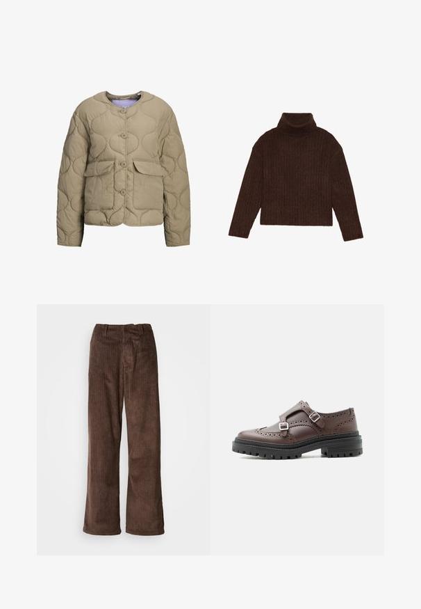 Beige quiltet jakke med rund halsudskæring, frontknapper og to påsyede lommer. Har en puf-tekstur og en afslappet pasform.; Brun ribbet turtleneck sweater med lange ærmer og cropped silhuet, med et tykkere, struktureret strikdesign.; Brune fløjl bukser med en bred benudskæring, der har lodrette ribber og en talje. Stoffet har et blødt, tekstureret udseende.; Brun læder brogue derby-sko med dobbelte sølvspænder og kraftig sort sål med mønster, sidevisning på hvid baggrund.