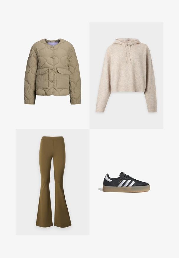 Chaqueta acolchada beige con cuello redondo, botones frontales y dos bolsillos de parche. Presenta una textura acolchada y un ajuste holgado.; Sudadera corta de punto beige con capucha, mangas largas y cordones, mostrada sobre un fondo liso y claro.; Pantalones de campana de talle alto en verde oliva. Hechos de tela elástica, con una textura suave y un amplio pantalón de campana desde la rodilla hacia abajo.; Zapatilla deportiva de cuero negro con tres rayas plateadas, punta texturizada y suela de goma. Cuenta con un collar acolchado y un diseño con cordones.
