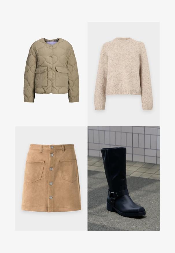 Beige quiltet jakke med rund halsudskæring, frontknapper og to påsyede lommer. Har en puf-tekstur og en afslappet pasform.; Beige striktrøje med rund hals, lange ærmer og ribbede manchetter. Lavet af en tekstureret uldblanding med subtile prikker over det hele.; Tan suede nederdel med en tætsiddende form, fem metalliske frontknapper og to forlommer, der har en glat tekstur og rene kanter.; Sort læderstøvle midt på læggen med lav blokhæle og en dekorativ rem med metal spænde rundt om anklen, på en flisebelagt fortov.