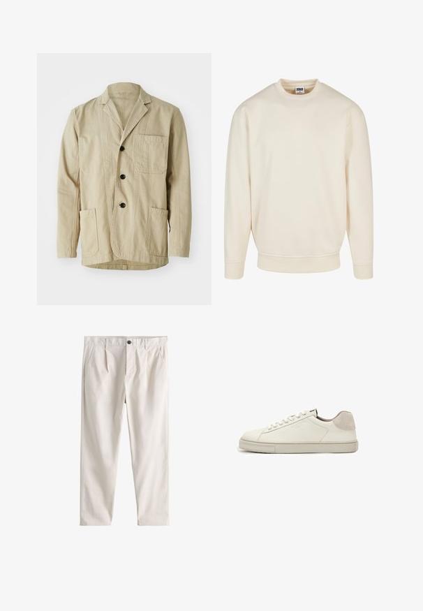 Veste en coton beige avec un col à revers, trois boutons, trois poches et un ourlet droit. Tissu texturé avec un design minimaliste.; Sweatshirt couleur crème avec un col et des poignets côtelés. Présente une coupe décontractée, une texture douce et aucun motif ou graphique visible.; Pantalon beige homme à jambes droites avec plis sur le devant, poches latérales, passants de ceinture et fermeture par un bouton et un zip.; Baskets basses en cuir blanc avec lacets blancs, semelle légèrement texturée et patch en daim gris clair au talon, vue latérale.