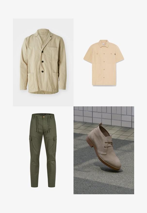 Veste en coton beige avec un col à revers, trois boutons, trois poches et un ourlet droit. Tissu texturé avec un design minimaliste.; Chemise beige à manches courtes avec deux poches poitrine et col, étiquette Timberland à l'intérieur du col et petite étiquette noire sur le côté.; Pantalons cargo verts olive avec taille à cordon, tissu texturé, poches latérales et design ajusté. Fermeture à bouton à l'avant.; Bottine beige en daim avec semelle texturée marron et lacets, positionnée à la verticale sur l'asphalte près d'un mur carrelé.