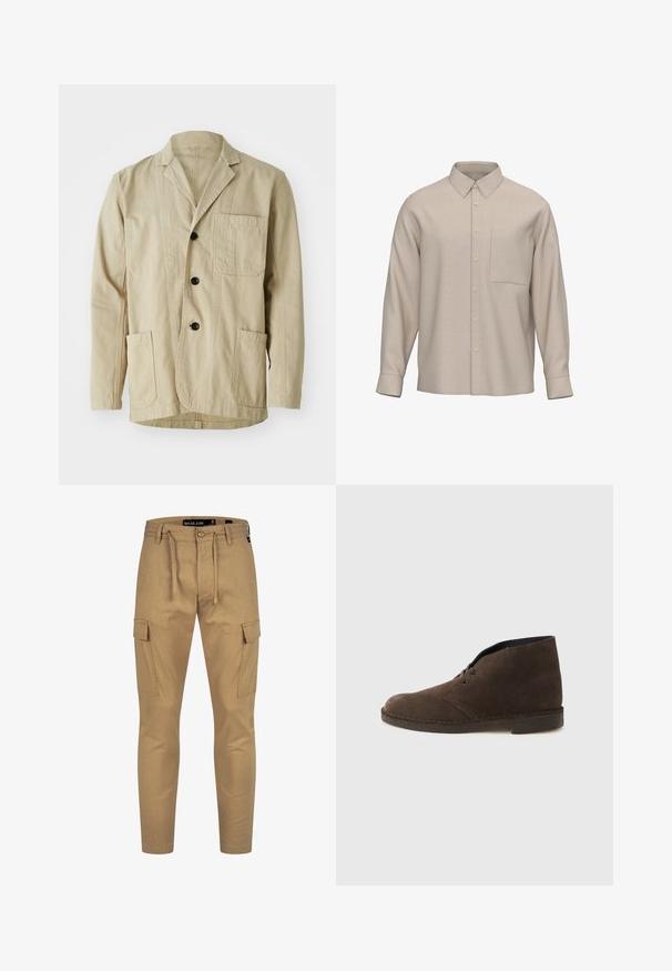 Beige katoenen jacket met een geknipt kraag, drie knopen, drie zakken en een rechte zoom. Gelaagd textiel met een minimalistisch ontwerp.; Beige overhemd met lange mouwen, knoopsluiting, puntkraag en een borstzak, getoond op een witte achtergrond.; Khaki cargobroek met een drawstring taille, taps toelopende pasvorm en zijzakken; gemaakt van een lichte, gestructureerde stof.; Bruine suède enkellaars met twee veteroogjes, lage hak en gestikte zool op een effen lichtgrijze achtergrond.
