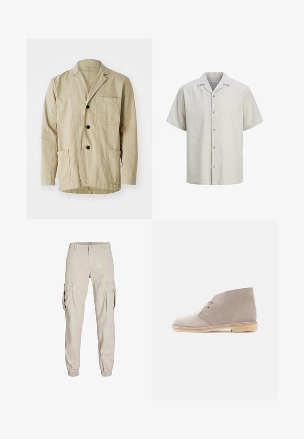 Veste en coton beige avec un col à revers, trois boutons, trois poches et un ourlet droit. Tissu texturé avec un design minimaliste.; Chemise pour hommes à manches courtes beige et blanche à fines rayures, avec col camp et cinq boutons sur le devant.; Pantalon cargo beige avec poches latérales, poignets élastiques et fermeture à bouton. Confectionné dans un tissu léger à texture lisse.; Bottine en cuir suédé beige à deux œillets avec lacets, semelle en crêpe et petit talon empilé, vue de profil sur un fond uni.