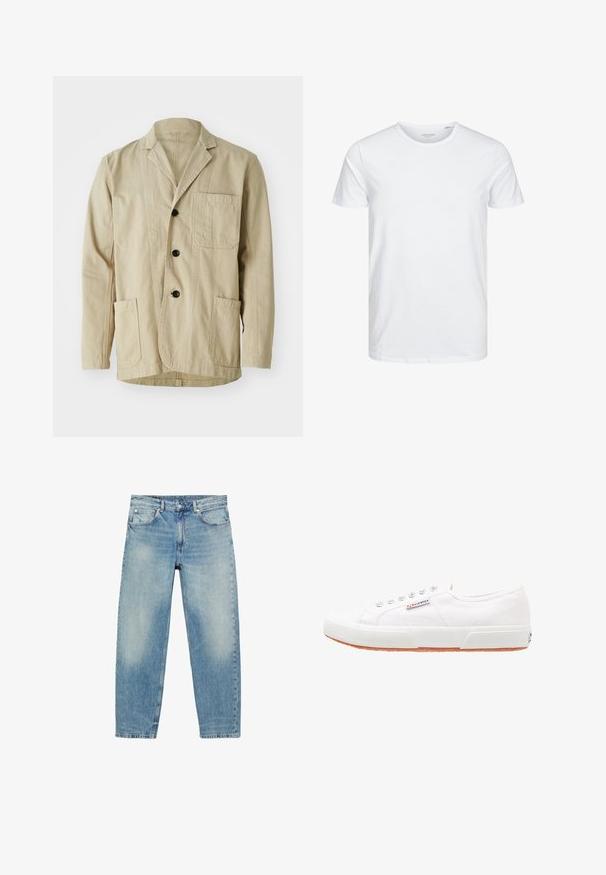 Veste en coton beige avec un col à revers, trois boutons, trois poches et un ourlet droit. Tissu texturé avec un design minimaliste.; T-shirt à col rond à manches courtes de couleur blanche unie, fabriqué en coton doux, avec un design simple sans motifs ni accents visibles.; Jean droit en denim bleu avec poches avant et passants de ceinture, présentant des détails légèrement décolorés sur les cuisses et les genoux.; Baskets en toile blanches avec une semelle en caoutchouc, design à lacets et une petite étiquette logo sur le côté. Tige blanche texturée et semelle extérieure marron.