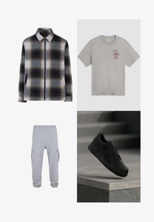 Kravejakke i ternet mønster med sorte, hvide og beige nuancer. Lynlås lukning og to sidelommer. Blød tekstur.; Lysegrå T-shirt med rund hals, med lille vinrød grafik af en brødrister under en paraply og teksten "Keeping them buns toasty since 1873" på venstre bryst.; Grå sweatpants lavet af blødt stof med to sidelommer, elastisk talje og elastiske manchetter ved anklerne.; Sort Nike-sneaker med perforerede detaljer svæver over en betonforkant mod en sløret grå baggrund.