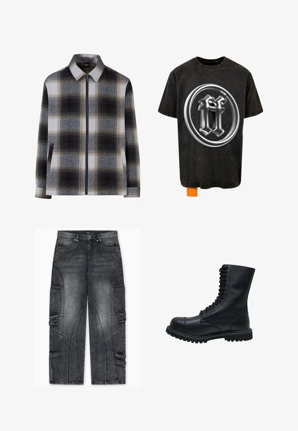 Kravejakke i ternet mønster med sorte, hvide og beige nuancer. Lynlås lukning og to sidelommer. Blød tekstur.; Forgotten Faces RADIANT LOGO ACID - T-shirts print - black; Cargo-jeans i falmet mørkegrå denim med sidelommer, unikke syningsmønstre, tilspidsede ben og accenter i metal.; Sort læder snørebåndsstøvle med rund tå, høj skaft, tyk gummisål og struktureret overflade. Har forstærket syning langs sømmene.